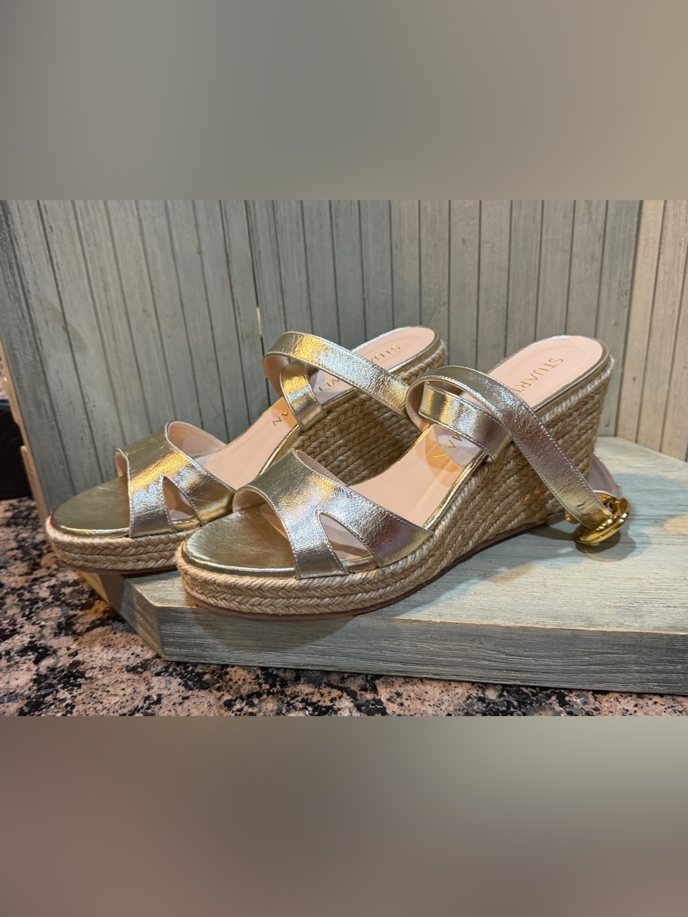 New Stuart Weitzman Metallic Gold Wedge Sandals with Espadrille Platform 10